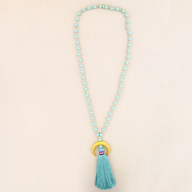 COLLAR LARGO CUENTAS MADERA COLGANTE MEDIA LUNA METAL FLECO
