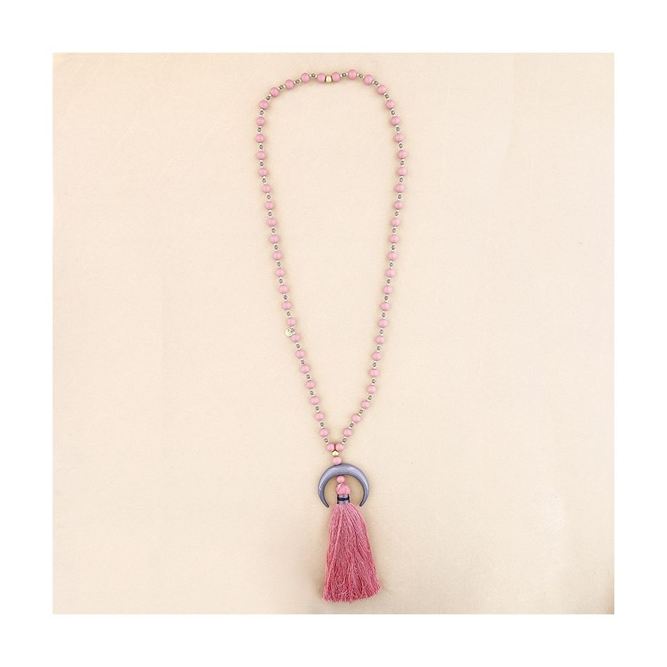 COLLAR LARGO CUENTAS MADERA COLGANTE MEDIA LUNA METAL FLECO