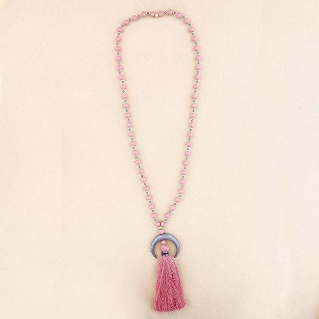 LONG NECKLACE WOODEN BEADS HALF MOON PENDANT METAL FRINGE
