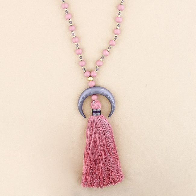 COLLAR LARGO CUENTAS MADERA COLGANTE MEDIA LUNA METAL FLECO