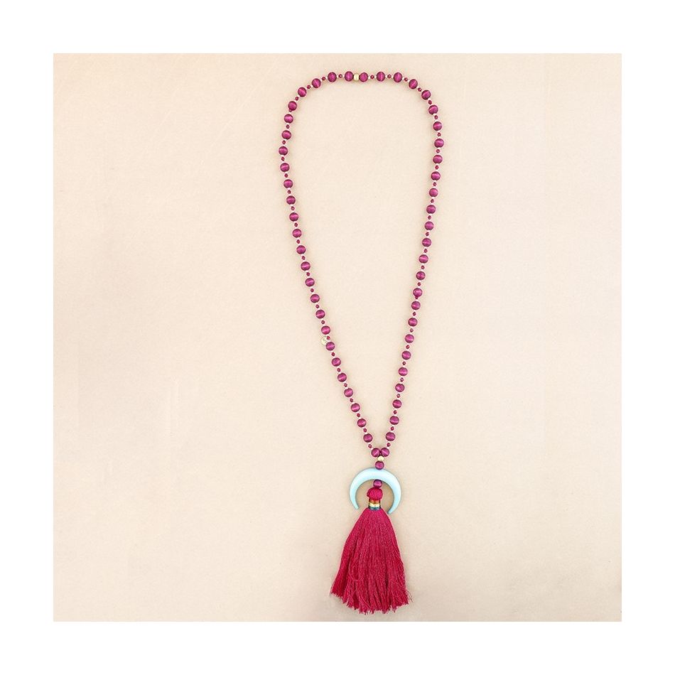 COLLAR LARGO CUENTAS MADERA COLGANTE MEDIA LUNA METAL FLECO