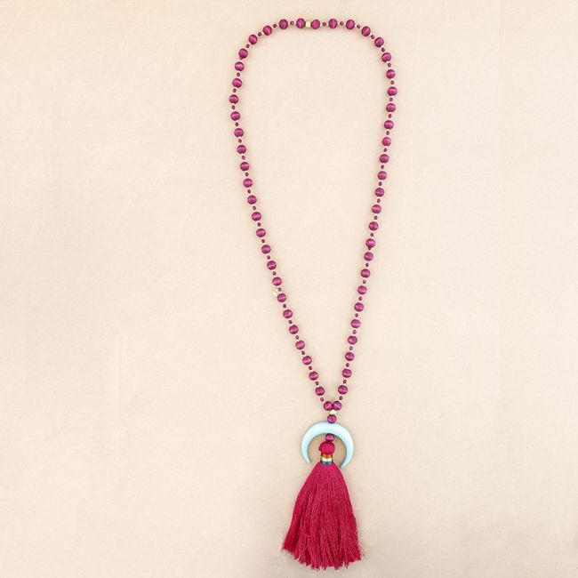 LONG NECKLACE WOODEN BEADS HALF MOON PENDANT METAL FRINGE