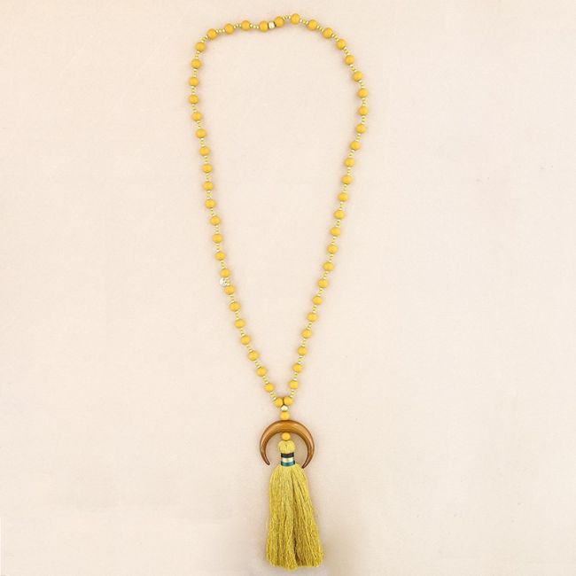 LONG NECKLACE WOODEN BEADS HALF MOON PENDANT METAL FRINGE