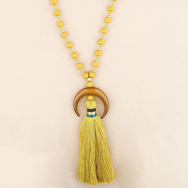 COLLAR LARGO CUENTAS MADERA COLGANTE MEDIA LUNA METAL FLECO