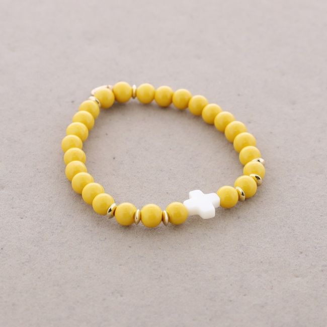 PULSERA ELÁSTICA CUENTAS CRUZ NÁCAR