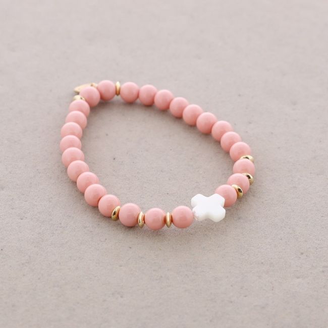 PULSERA ELÁSTICA CUENTAS CRUZ NÁCAR