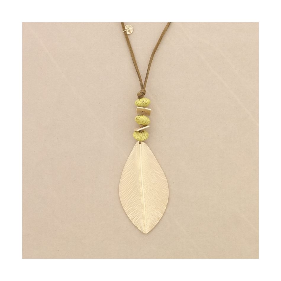 METAL LEAF LAVA BEADS PENDANT LONG NECKLACE