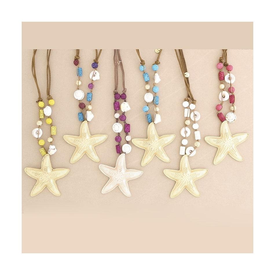 METAL STARFISH PENDANT LONG NECKLACE WITH LAVA BEADS