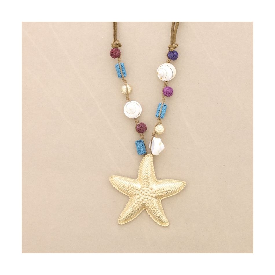 METAL STARFISH PENDANT LONG NECKLACE WITH LAVA BEADS