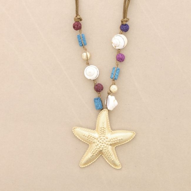 METAL STARFISH PENDANT LONG NECKLACE WITH LAVA BEADS