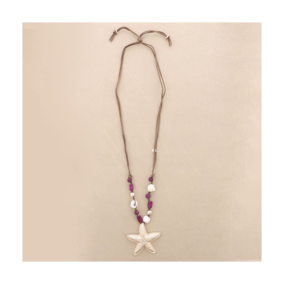 COLLAR LARGO CUENTAS LAVAS COLGANTE ESTRELLA DE MAR METAL