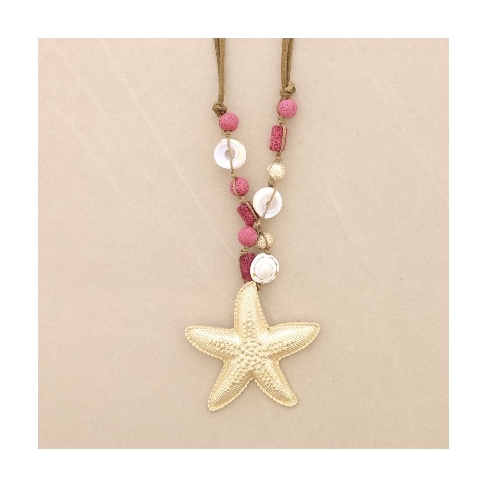 COLLAR LARGO CUENTAS LAVAS COLGANTE ESTRELLA DE MAR METAL