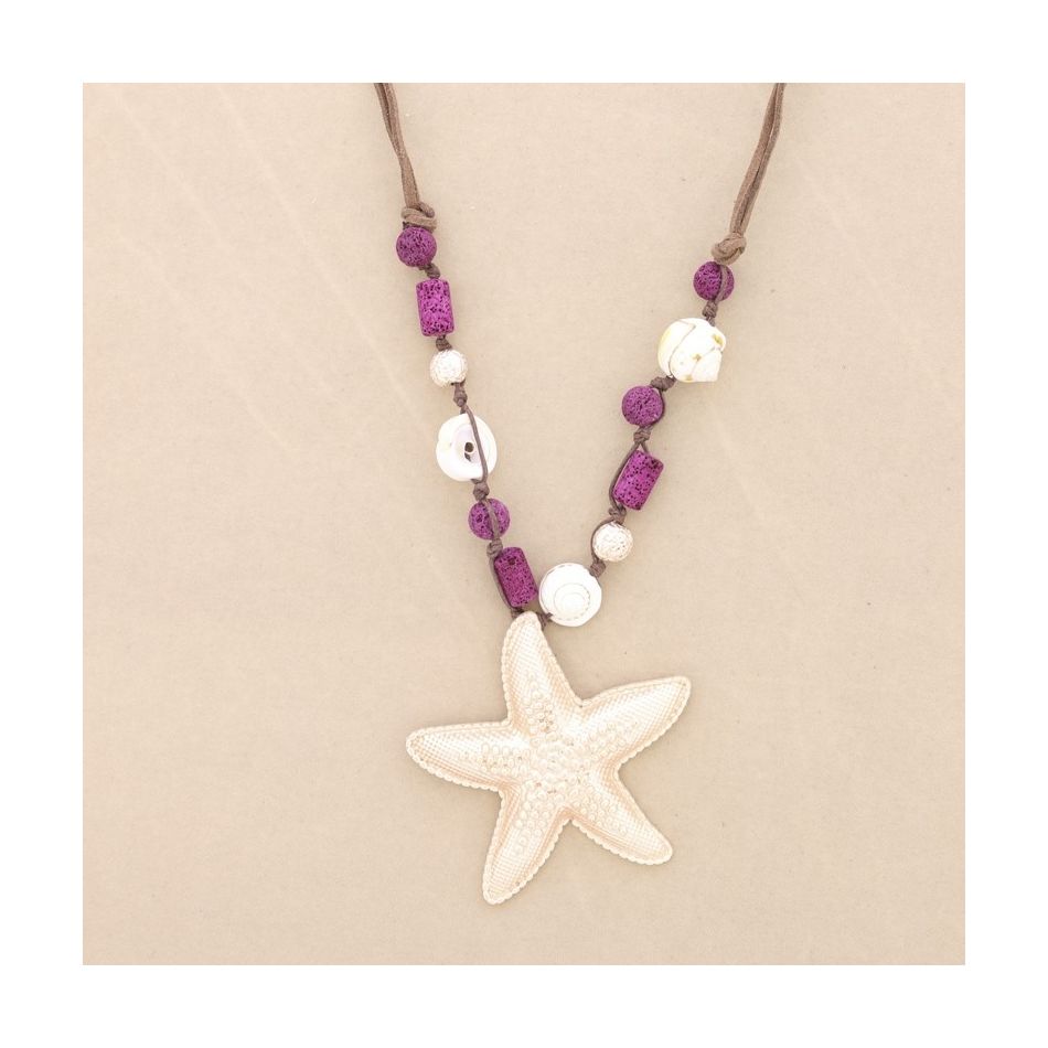COLLAR LARGO CUENTAS LAVAS COLGANTE ESTRELLA DE MAR METAL