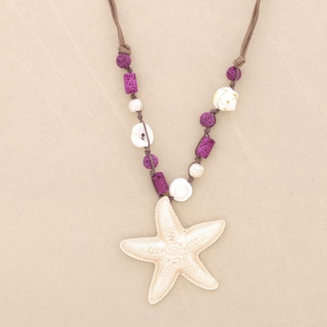 COLLAR LARGO CUENTAS LAVAS COLGANTE ESTRELLA DE MAR METAL