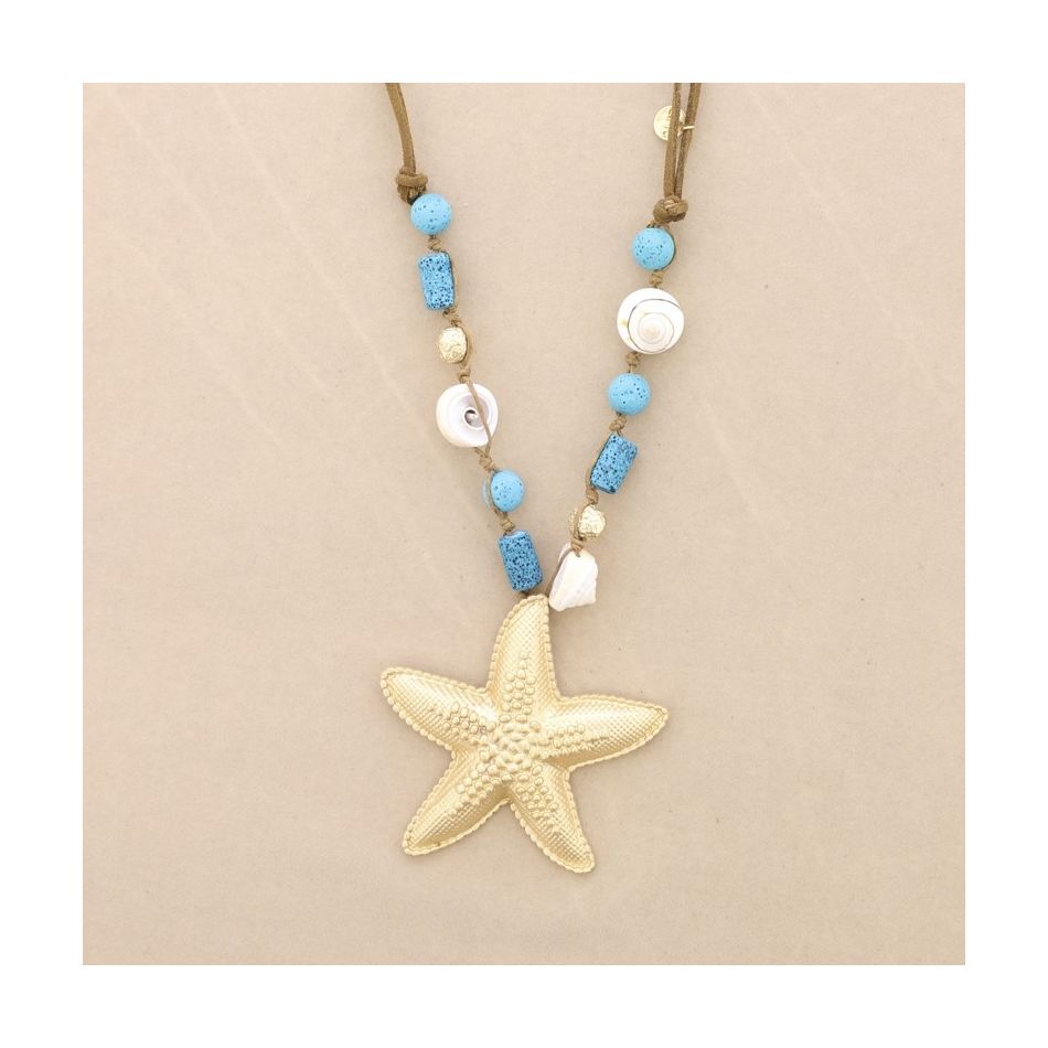 COLLAR LARGO CUENTAS LAVAS COLGANTE ESTRELLA DE MAR METAL