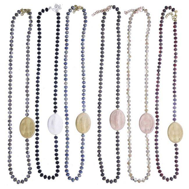 LONG NECKLACE WITH FACETED CRYSTALS WITH IMITATION METAL BEADS
