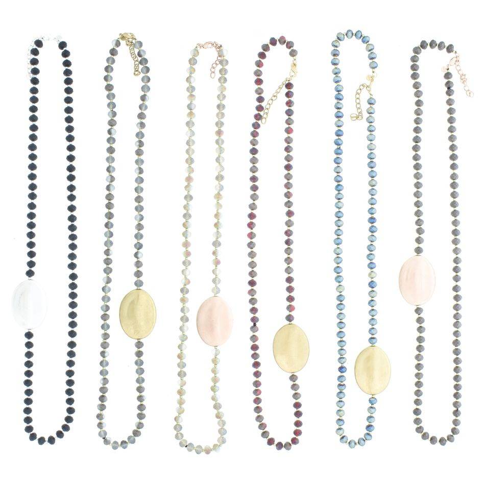 LONG NECKLACE WITH FACETED CRYSTALS WITH IMITATION METAL BEADS