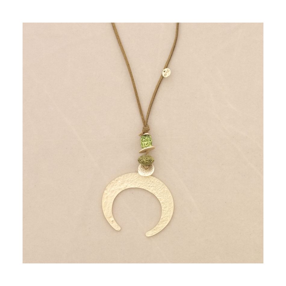 COLLAR LARGO COLGANTE CUENTAS LAVAS MEDIA LUNA METAL