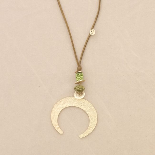 COLLAR LARGO COLGANTE CUENTAS LAVAS MEDIA LUNA METAL