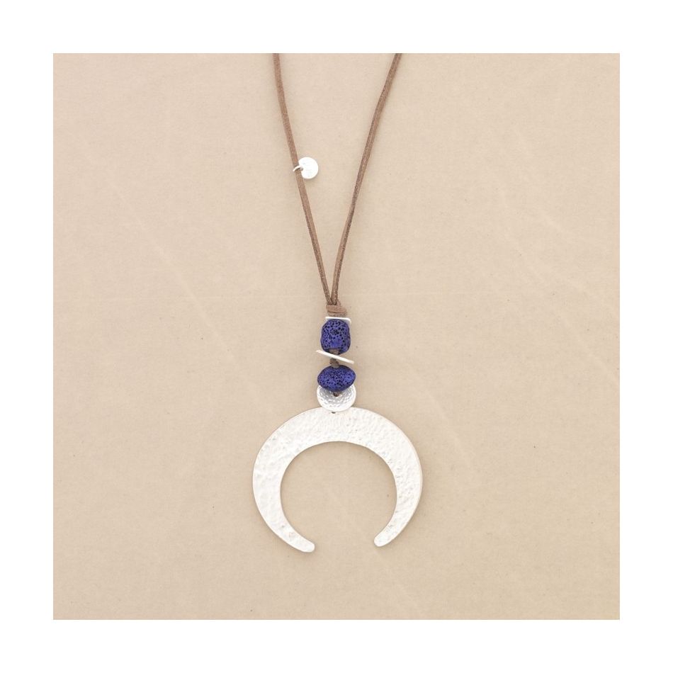 COLLAR LARGO COLGANTE CUENTAS LAVAS MEDIA LUNA METAL