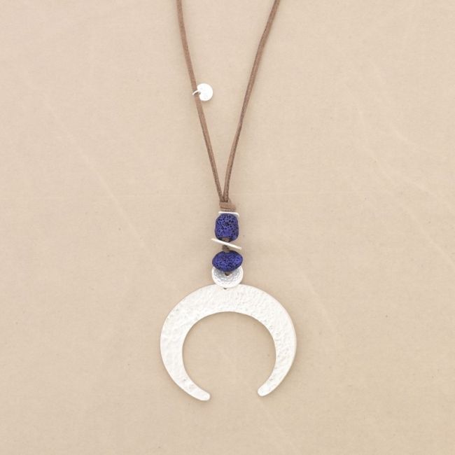 METAL HALF MOON LAVA BEADS PENDANT LONG NECKLACE