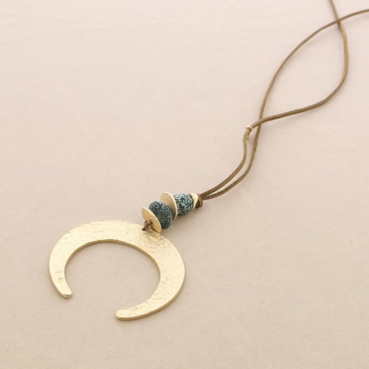 METAL HALF MOON LAVA BEADS PENDANT LONG NECKLACE