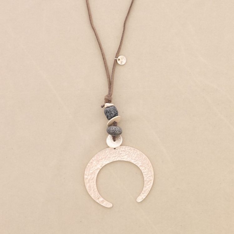 METAL HALF MOON LAVA BEADS PENDANT LONG NECKLACE 2