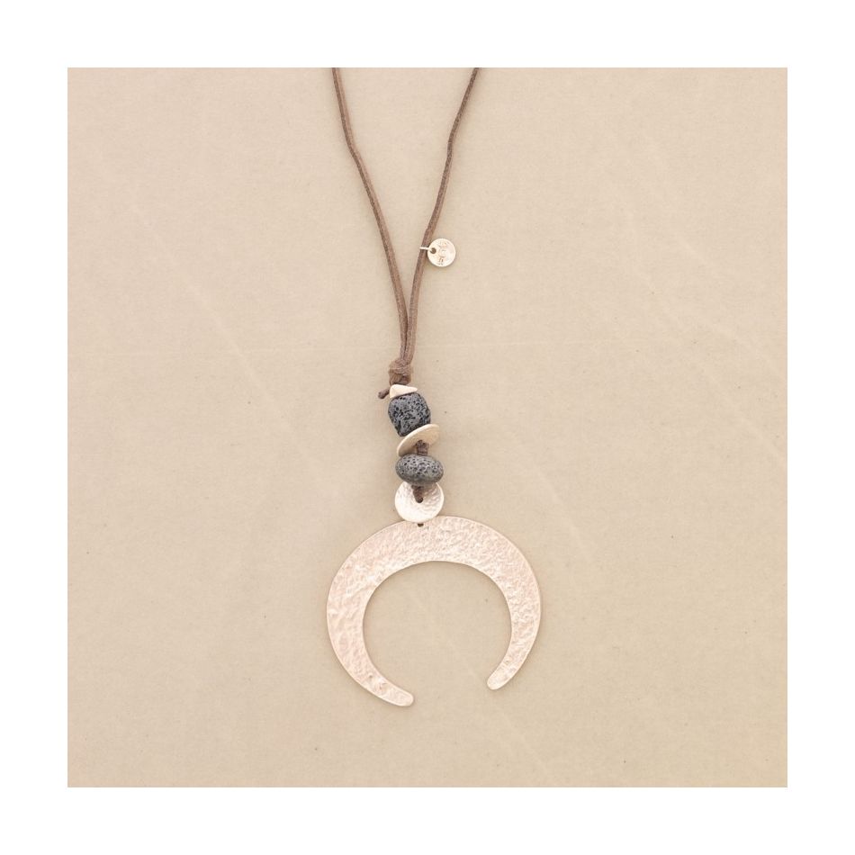 METAL HALF MOON LAVA BEADS PENDANT LONG NECKLACE