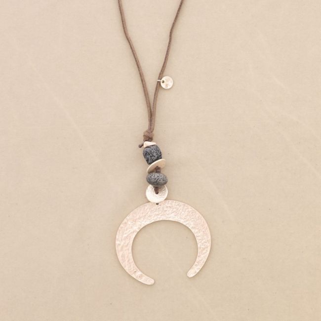 METAL HALF MOON LAVA BEADS PENDANT LONG NECKLACE