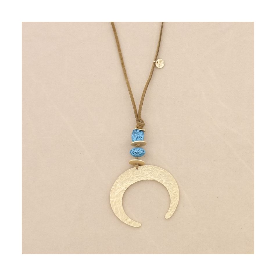 COLLAR LARGO COLGANTE CUENTAS LAVAS MEDIA LUNA METAL
