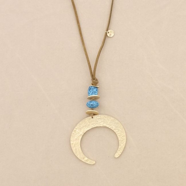 COLLAR LARGO COLGANTE CUENTAS LAVAS MEDIA LUNA METAL