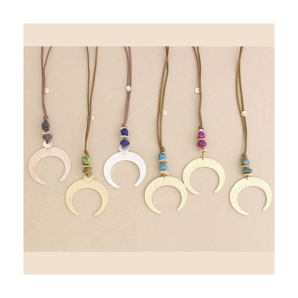 METAL HALF MOON LAVA BEADS PENDANT LONG NECKLACE