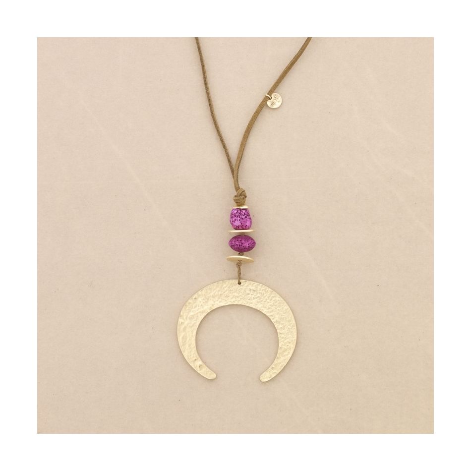 METAL HALF MOON LAVA BEADS PENDANT LONG NECKLACE