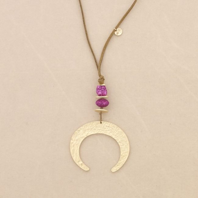 METAL HALF MOON LAVA BEADS PENDANT LONG NECKLACE
