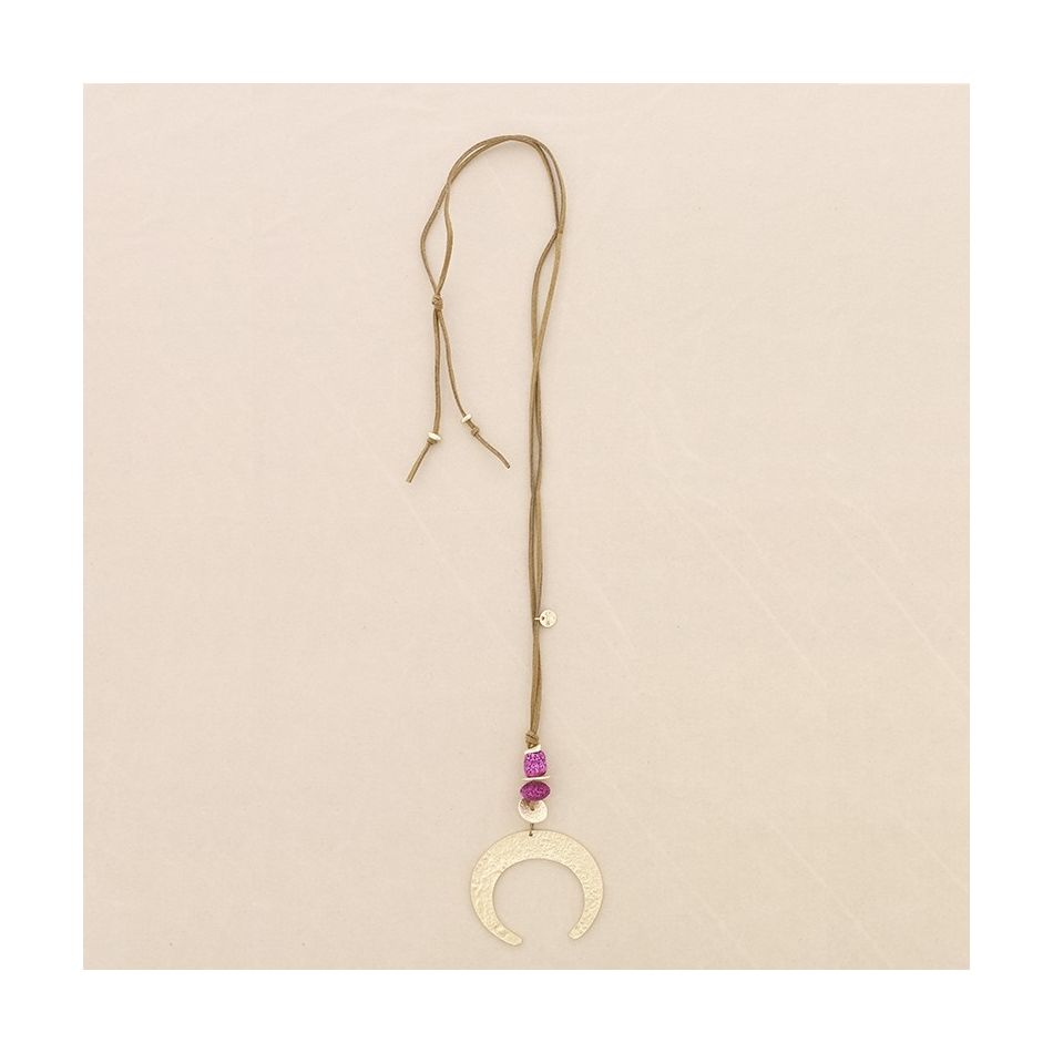 METAL HALF MOON LAVA BEADS PENDANT LONG NECKLACE