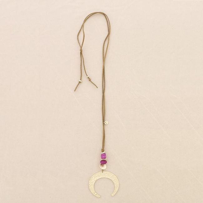 COLLAR LARGO COLGANTE CUENTAS LAVAS MEDIA LUNA METAL