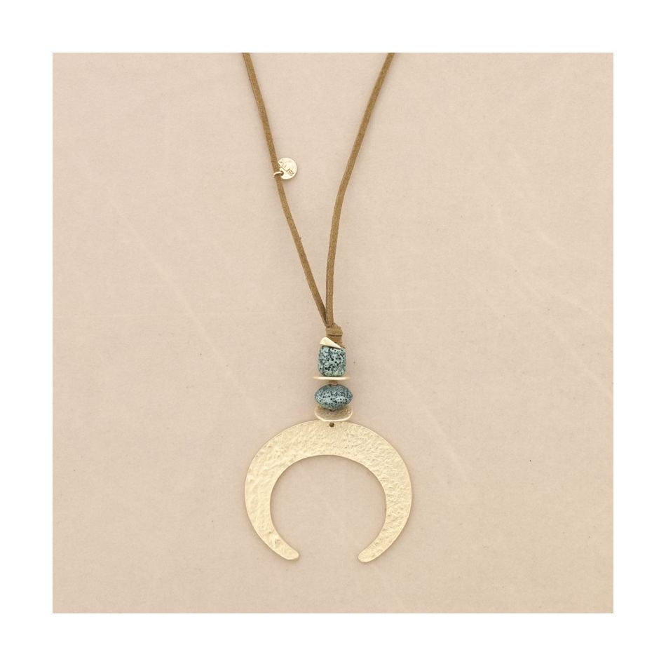 COLLAR LARGO COLGANTE CUENTAS LAVAS MEDIA LUNA METAL