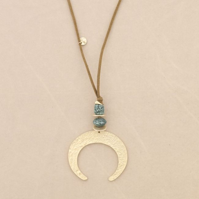COLLAR LARGO COLGANTE CUENTAS LAVAS MEDIA LUNA METAL