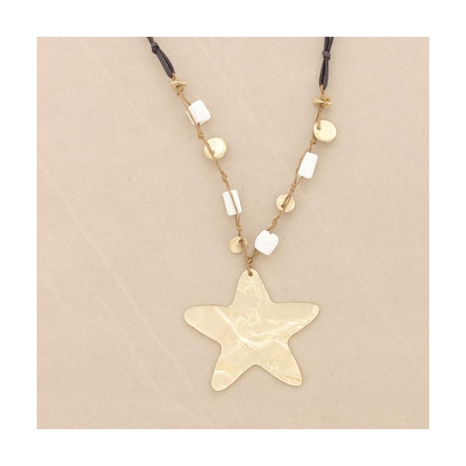 LONG NECKLACE WITH LAVA BEADS METAL STAR PENDANT