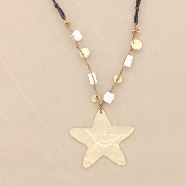 LONG NECKLACE WITH LAVA BEADS METAL STAR PENDANT