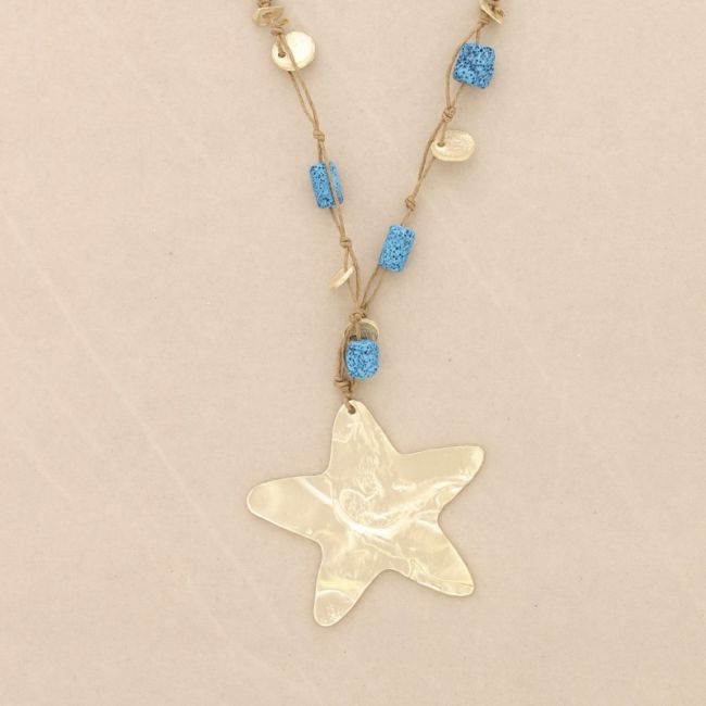 COLLAR LARGO COLGANTE ESTRELLA METAL CUENTAS LAVAS
