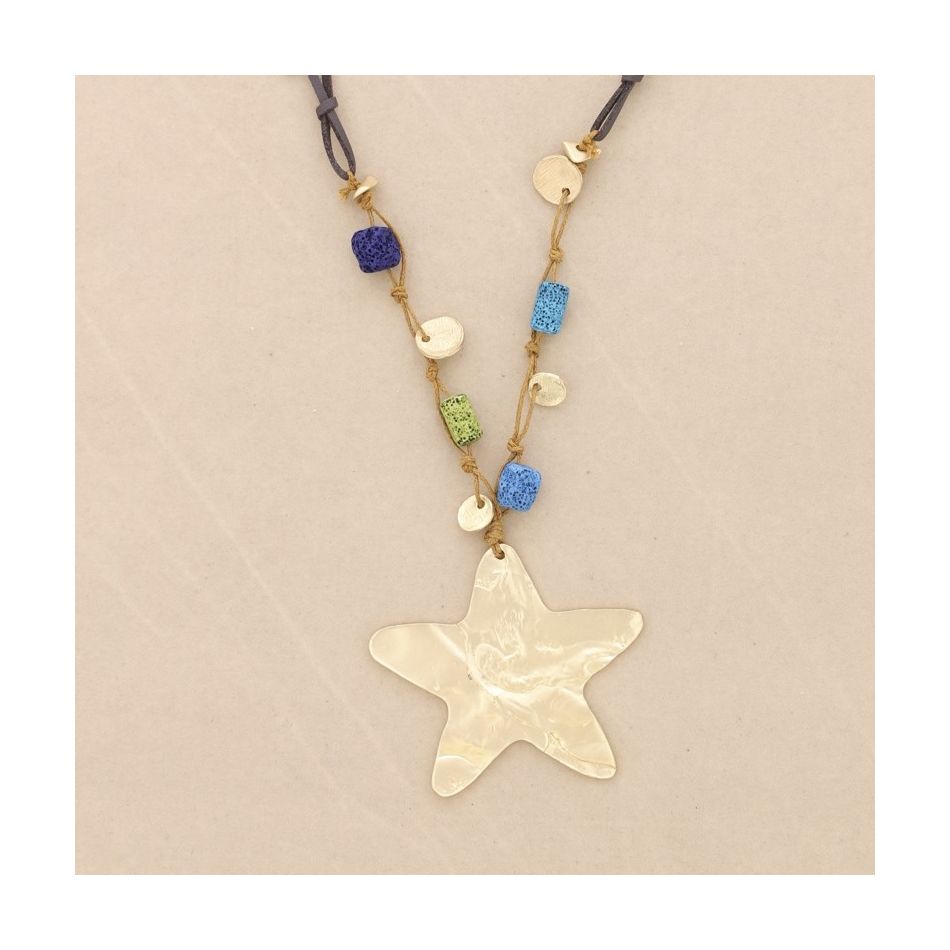 COLLAR LARGO COLGANTE ESTRELLA METAL CUENTAS LAVAS