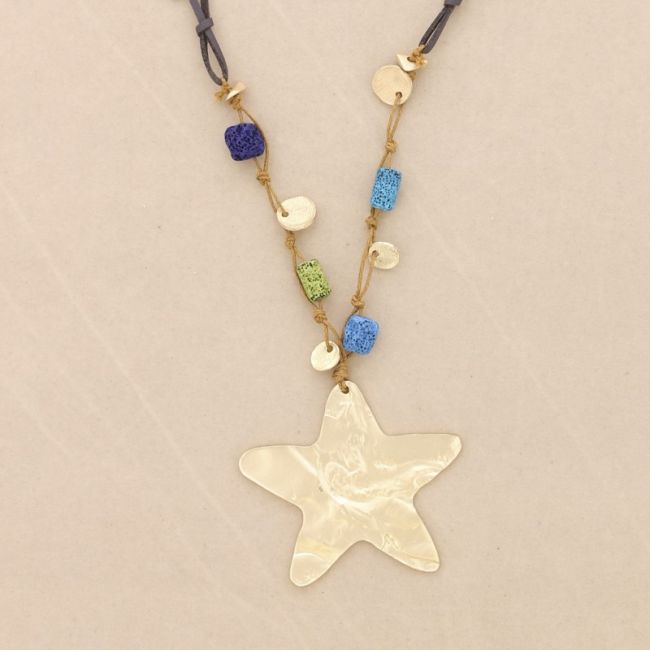 COLLAR LARGO COLGANTE ESTRELLA METAL CUENTAS LAVAS