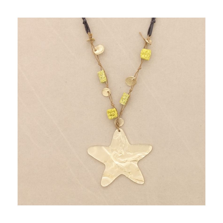 COLLAR LARGO COLGANTE ESTRELLA METAL CUENTAS LAVAS