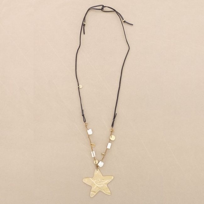 LONG NECKLACE WITH LAVA BEADS METAL STAR PENDANT