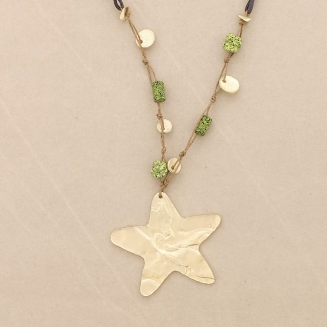 COLLAR LARGO COLGANTE ESTRELLA METAL CUENTAS LAVAS
