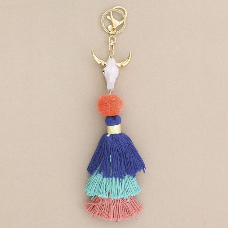 ETHNIC BULL HEAD KEYCHAIN FRINGE THREE LAYERS