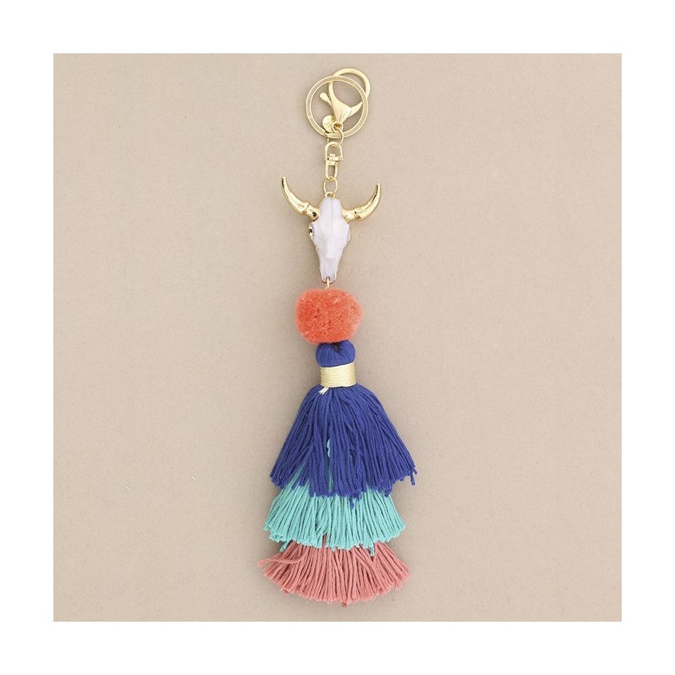 ETHNIC BULL HEAD KEYCHAIN FRINGE THREE LAYERS
