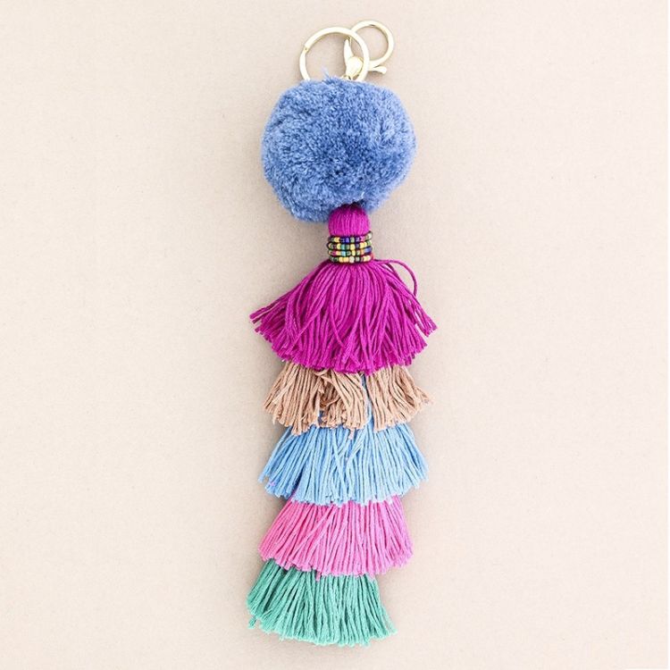 FIVE LAYER ETHNIC POMPOM KEYCHAIN WITH FRINGES