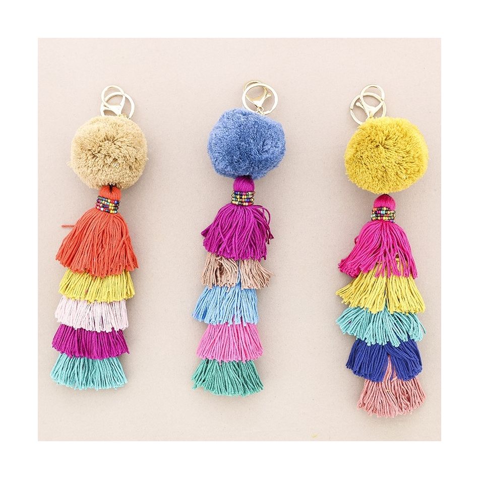 FIVE LAYER ETHNIC POMPOM KEYCHAIN WITH FRINGES